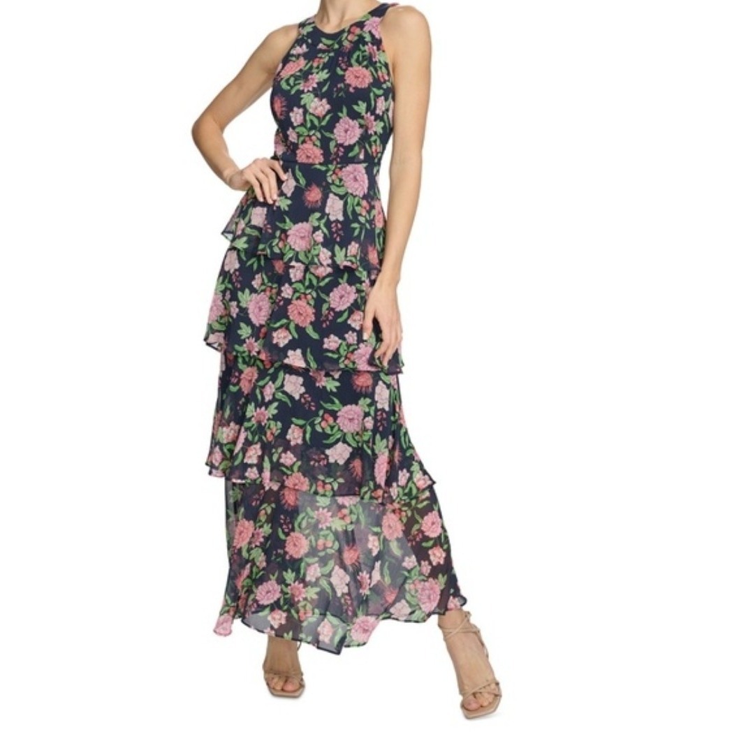Tommy Hilfiger Womens Size 8 Floral Halter Maxi Dress Navy Chiffon Tiered Euc
